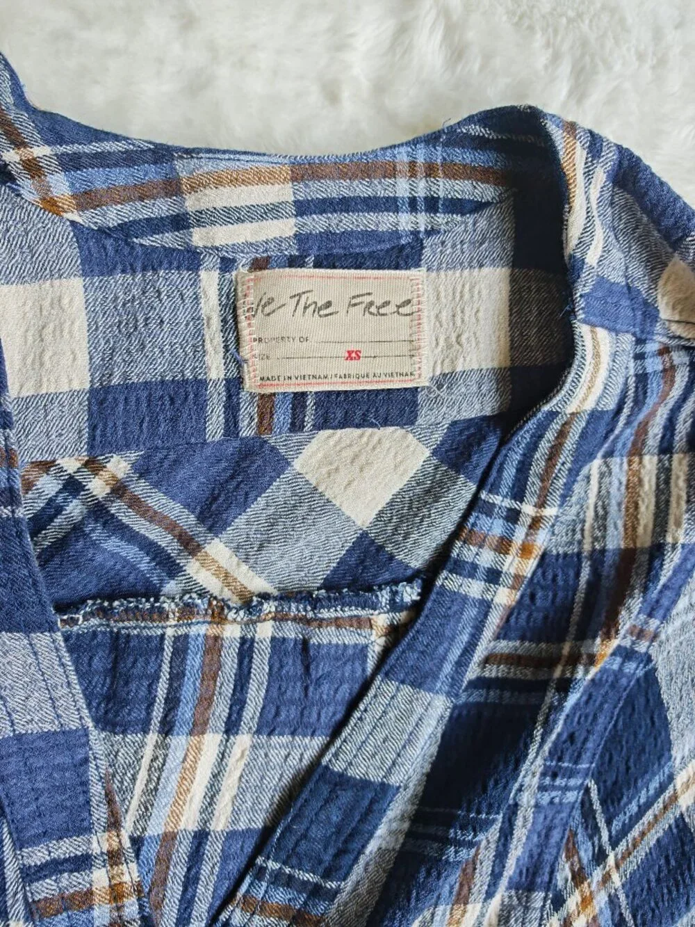 Free People We The Free By The Shore Plaid Shirt XS Blue Oversized V-Neck Pullov